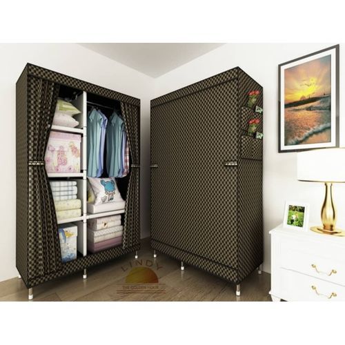 Portable Fabric 6 Shelves Wardrobe - Black/Gold - Image 2